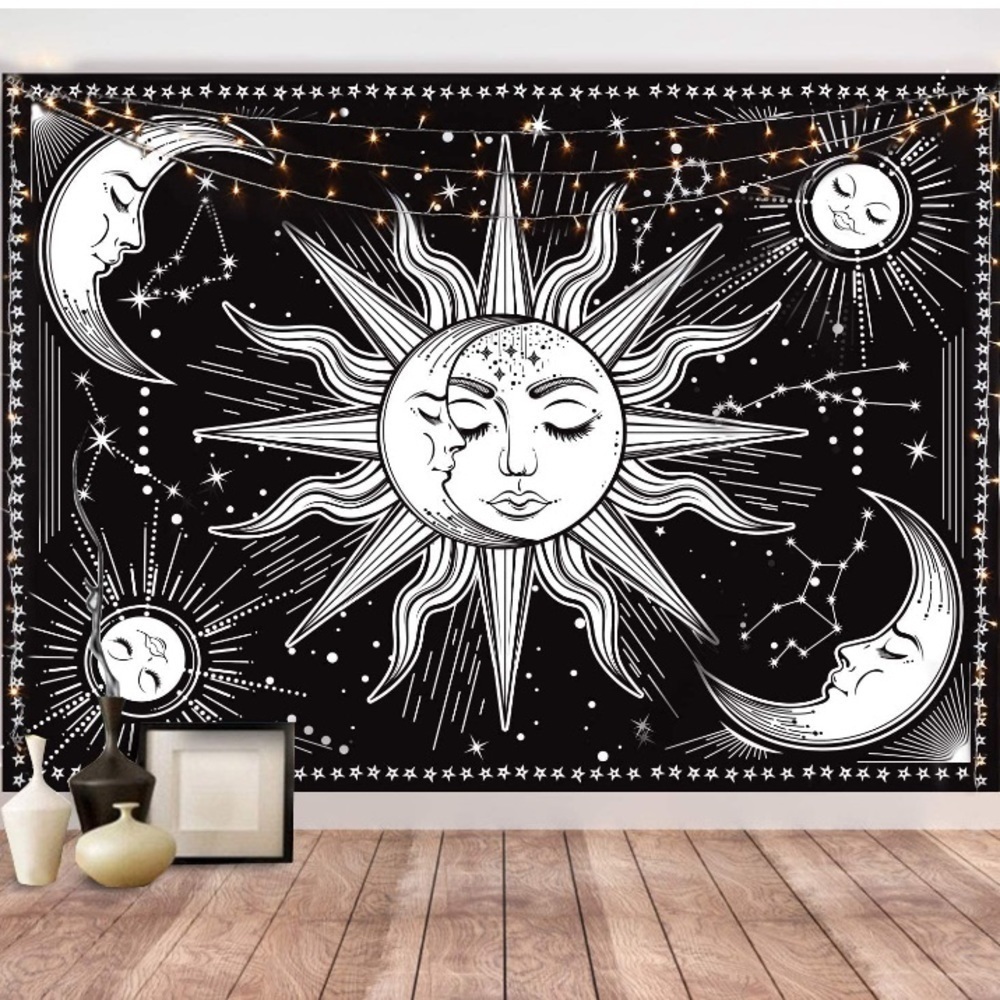 Hippie Sun/Moon Constellation Retro Black/White Tapestry Wall Dorm/Room Art Deco - Picture 1 of 5